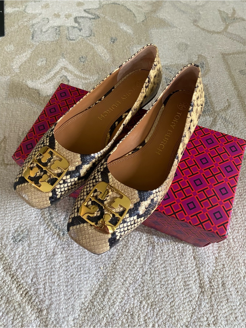 TORY BURCH Georgia Logo Snake Printed Leather Ballet Flats Women’s Size 9